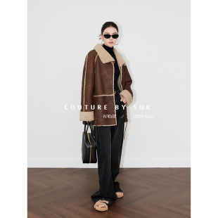 宽松外套 进口复古机车羊毛皮毛一体皮草外套女韩版 SUK 首尔街头