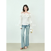 女长袖 SUK 温柔风一字肩荷叶边白色小衫 法式 显瘦上衣 灵动飞白