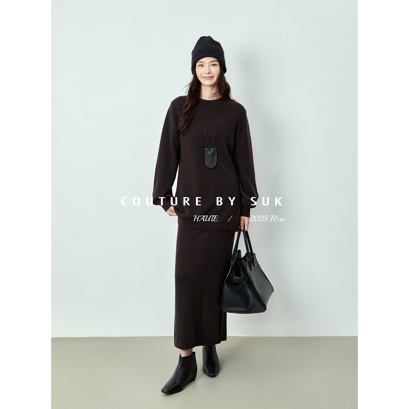 SUK  秋日回信！羊毛羊绒混纺圆领宽松针织衫高腰半裙两件套女