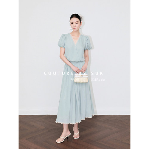 SUK 漫游罗马！法式蕾丝花边短袖V领衬衫高腰百褶裙两件套套装女