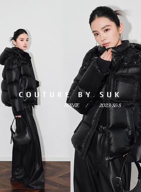 SUK 绒朵翩翩！时尚连帽轻薄白鹅绒质感短款面包服羽绒服加厚外套
