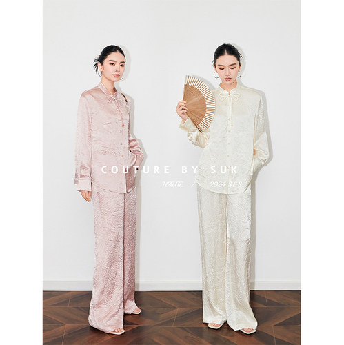 SUK 新中式老钱风新款醋酸手工两件套订制盘扣衬衫上衣+长裤套装