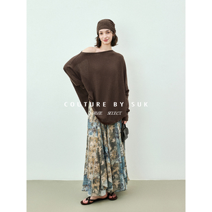 文艺复古印花半身裙女中长款 SUK 新款 春季 A字大摆半裙 素描繁花