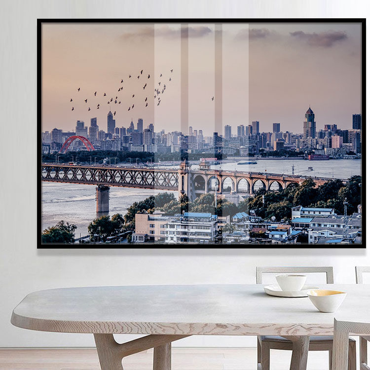 摄影复古风景软装饰画武汉长江大桥梁晶瓷画五星级酒店中餐厅挂画