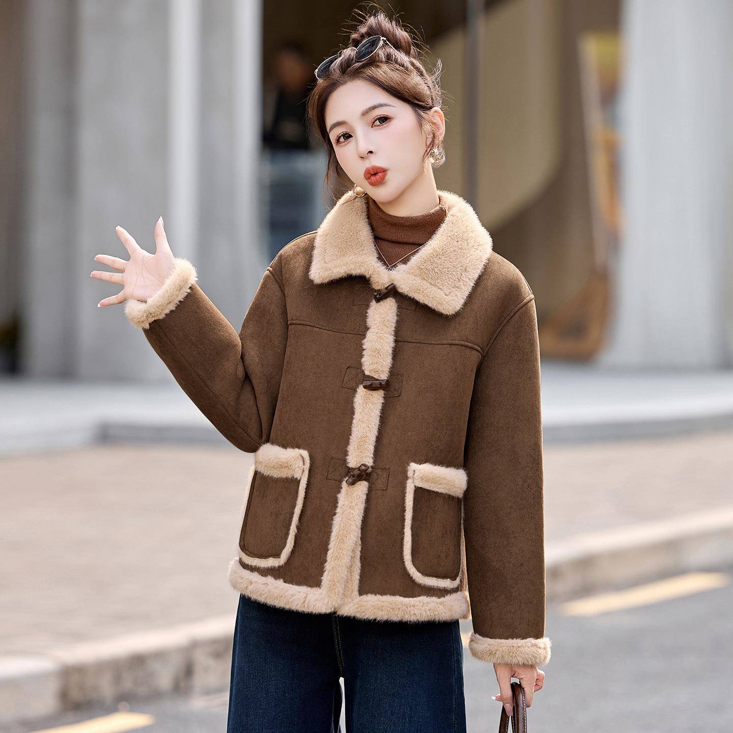 2025秋冬新款设计感时尚LX2662-1大领加绒加厚皮毛一体保暖X外2套