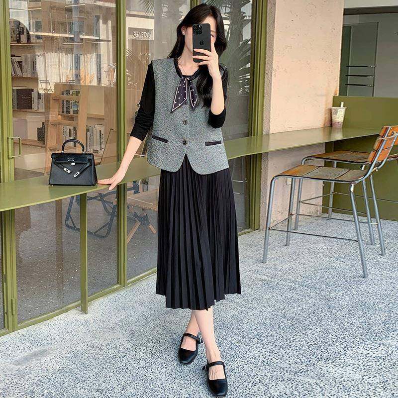 女装套CB85011-裙2025秋冬质新款气时马甲裙a字百褶裙两件套连衣C