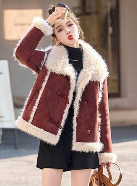 红色皮毛一羊羔毛服短外套女冬2024体新款洋气加鹿厚皮绒ZWEI6099