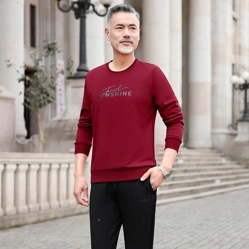 中年人春秋季宽男士闲73408534运动套装中老年圆领休卫秋衣爸爸松