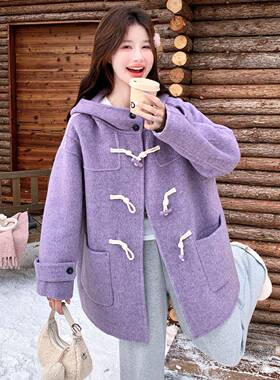 紫色牛角扣双D145-Y88面羊大女02衣5秋冬学院风宽松连2帽小个子毛