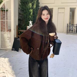 复古狐狸2毛领短款 新款 显瘦ZR2B114 减龄加厚 皮外套女0保25冬草季