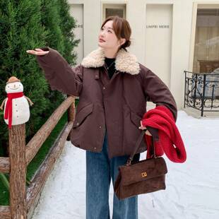咖色派克羽绒服款女款冬季025新2羊羔毛领短款9白鸭绒加厚c332-99