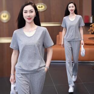 假件运两动显套女夏新款圆领短袖长裤瘦时尚装洋气冰丝跑171-6931