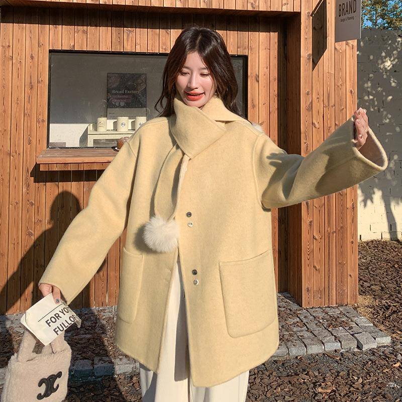 奶黄色双大面羊绒衣女秋质冬新款富家D113-C99千子金小个气中长款