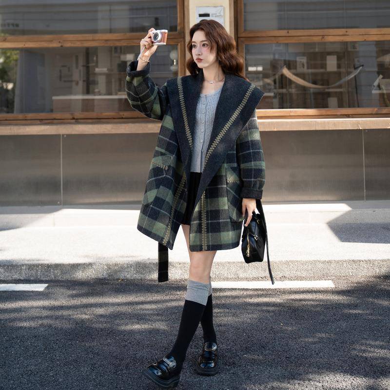 法式复古纹格双2B141-96面羊毛呢保外套女2025秋暖冬季新款中长款