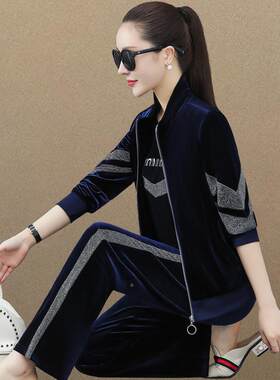 金丝绒运件动套装女士春52-21308秋新款松阔腿裤洋气宽开衫卫衣休