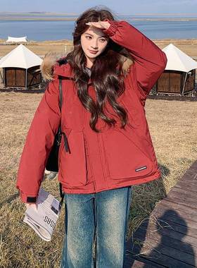 红色短款连帽大冬毛绒领派克羽绒服女5季202新款韩版白鸭D152-S02