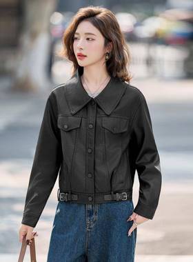 ZH2602-02025秋新款皮衣高外套女短款级感休闲小个子p机克车服u皮