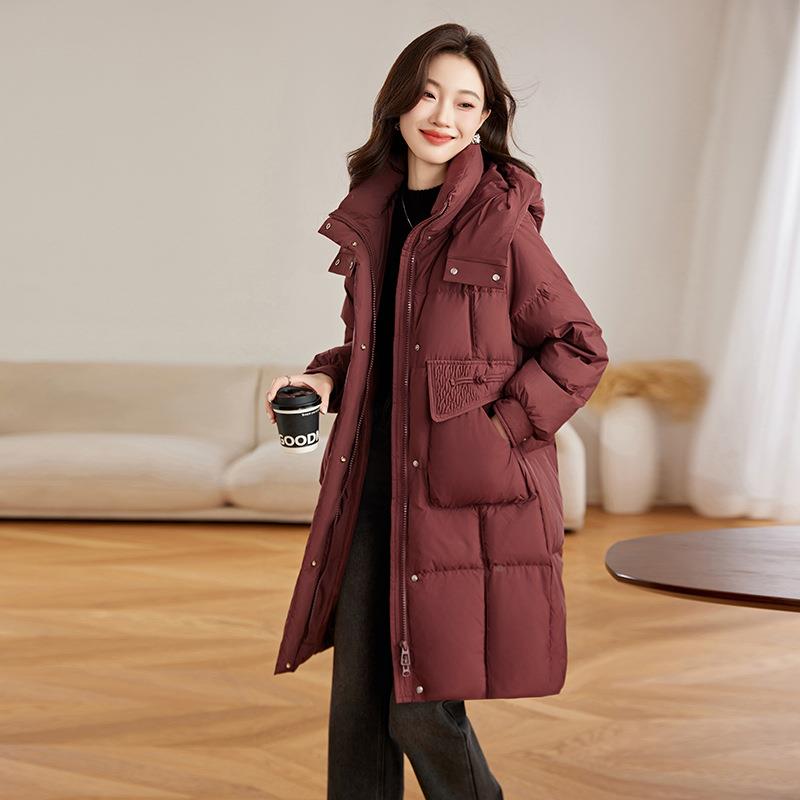 女式绒服冬季新款中羽尚长款白鸭绒连帽大口时保暖外套 WN6袋1WN6