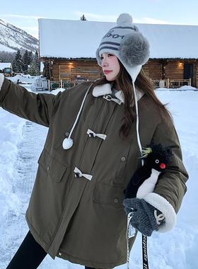 羊羔毛领牛角扣军绿色b297-105羽服女冬季休派美克服式复古闲爆绒