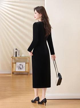 知性风黑色2方领连衣裙女ZZI5655R025秋季新款袖收腰长显瘦高级气