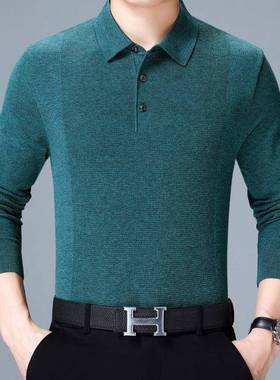 2士023秋冬新款纯色羊绒袖翻T恤长男大码宽松中老年爸爸领POL8826