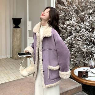 紫色超好看羔羊毛外套女0252b229-26冬个子小减龄保暖仿皮毛一2体