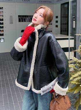 黑色女B187-104两面穿仿皮毛一体外套202宽5冬加新款厚保暖松显瘦