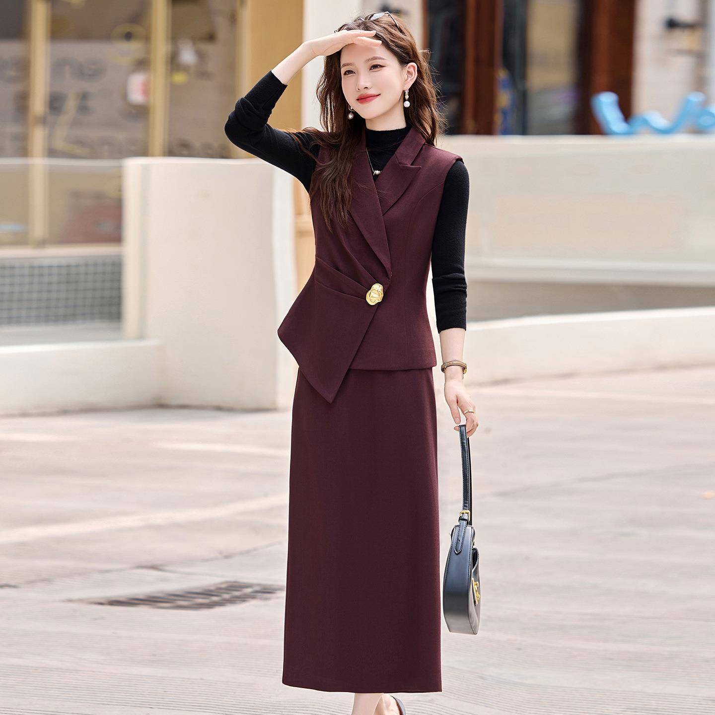 时尚休闲套装25秋0季XM917-09下面西装领2无袖马裙甲打底衫半三件