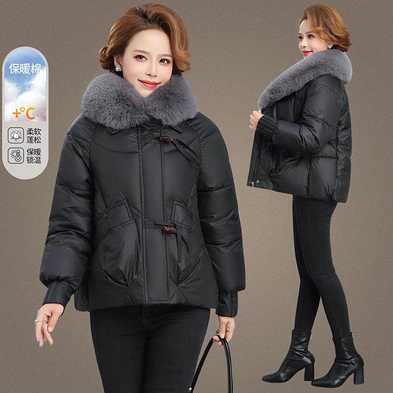 98497998妈妈短款冬装羽新绒棉服女冬季225厚款连帽0加绒加棉衣小