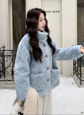 蓝色时减奶龄fufu羊羔毛套外女c062-868冬季20尚25新款加厚保暖仿