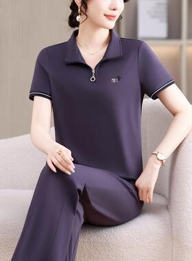 时尚翻领短袖运动套10968装夏休季女妈新款妈装两件套显瘦闲