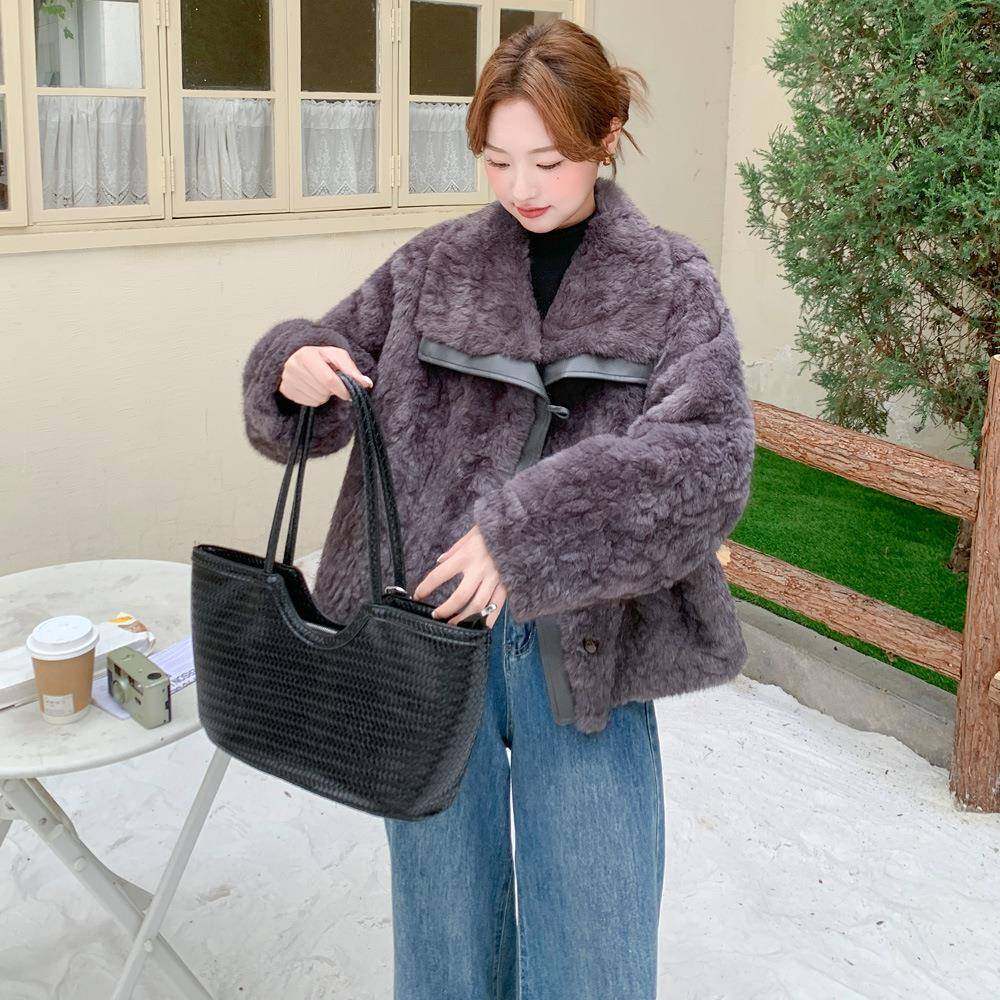 PU皮拼接毛绒加厚0外女冬2c100-2912系5新套款韩chic氛围感巨好看