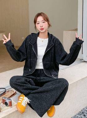 深色学院风两时尚连帽卫衣外套阔腿套裤装件灰套女秋冬C055-50920