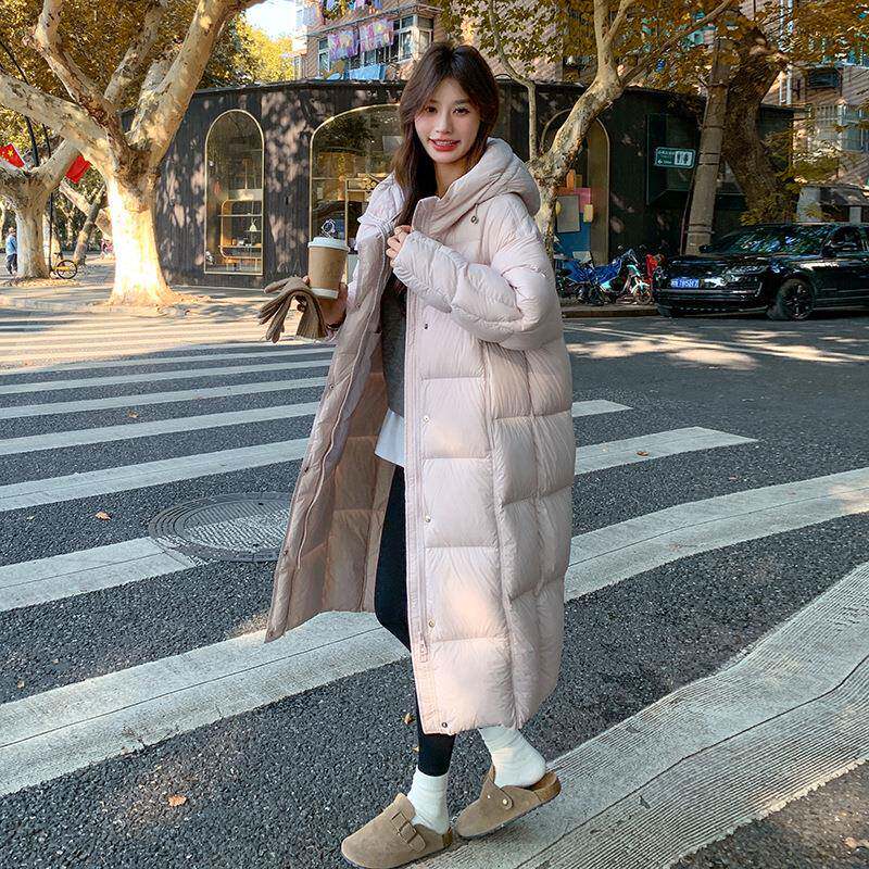 浅粉色女长款羽绒服冬季2024新款b191-635韩柔系温连帽9面0白鸭绒