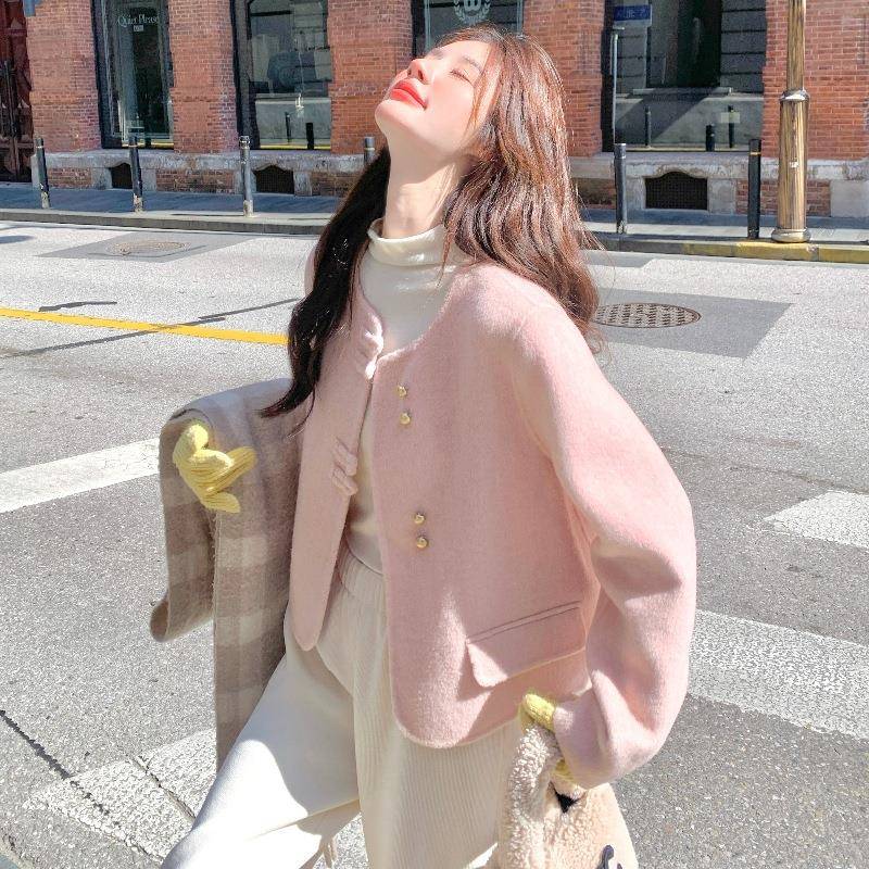 粉色气质高级感穿搭双面呢羊毛大衣女2205c320-D90小秋新冬款个子