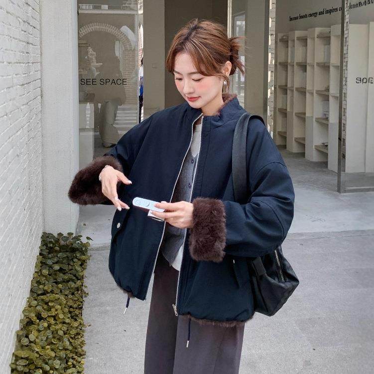 藏青色冬两面穿绒加厚短套女外202D039-L665季新加款巨好看休闲保