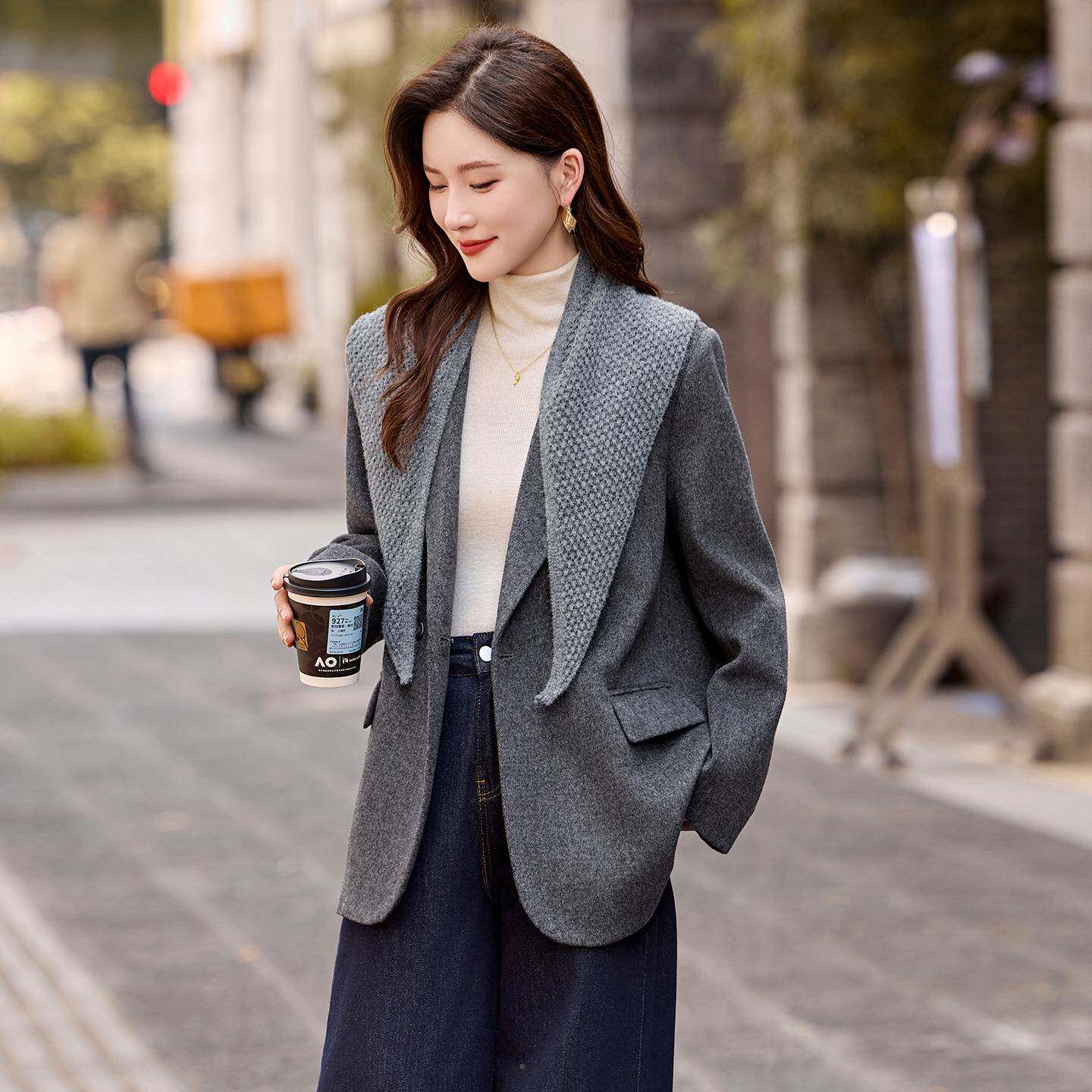 轻熟简约风灰色呢西装外套毛女2025年秋冬ZAI8125Q季款短款显气瘦