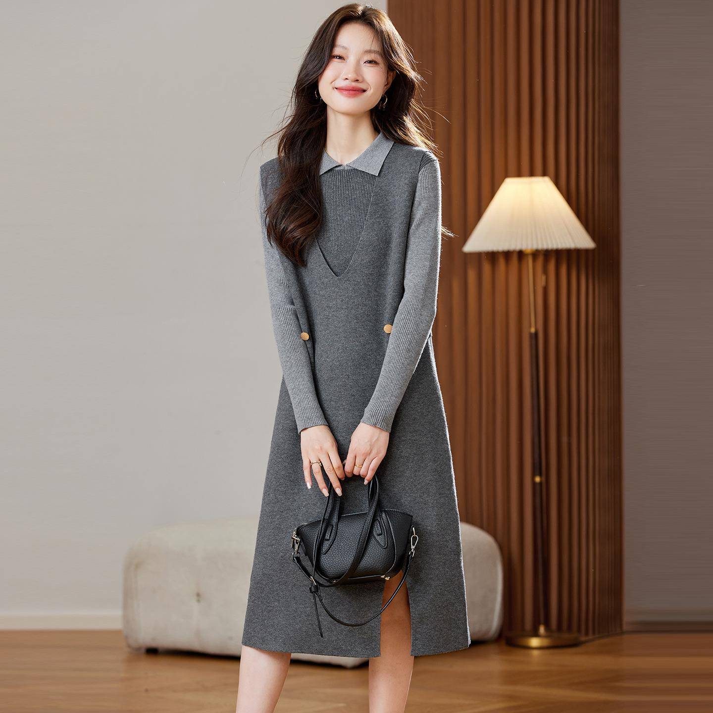 2腰025心秋季新款两优雅气质SH20235-收撞色针织衫背裙件套连衣裙