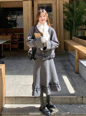 灰色格纹拼接小香毛b287-506套装裙女2呢025秋半冬新款外套身裙两