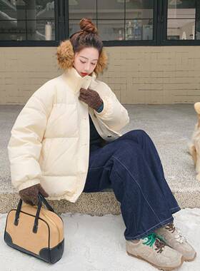 白色羽绒服0女冬季2295新款韩系宽松2B187-AD加厚0白鸭绒针织拼米