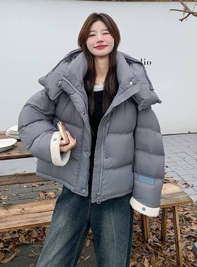 灰色羊羔毛绒拼接短款时羽绒服女冬季新9c182-Y060白鸭尚保暖泡款