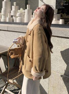 仿皮一体羊2羔毛棉服外套女b163-652025冬款卡其新色加绒加厚小毛
