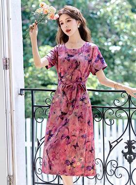 夏装新LB2831-0显款减龄大码宽过松瘦印花短袖长连衣裙膝裙款