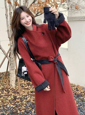 红色双面羊大2衣女长款0绒25冬季新款韩系气羊质收腰D111-A13系带