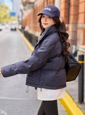 蓝色小个子拼接设计款格子羽绒服女冬季0短25新款90ZYA86818白鸭2
