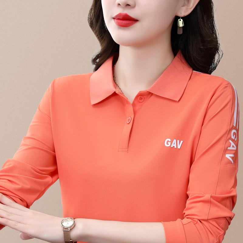 袖t恤女有翻领长速干中年妈妈洋气有领上衣衫p8-817olo外运穿动打