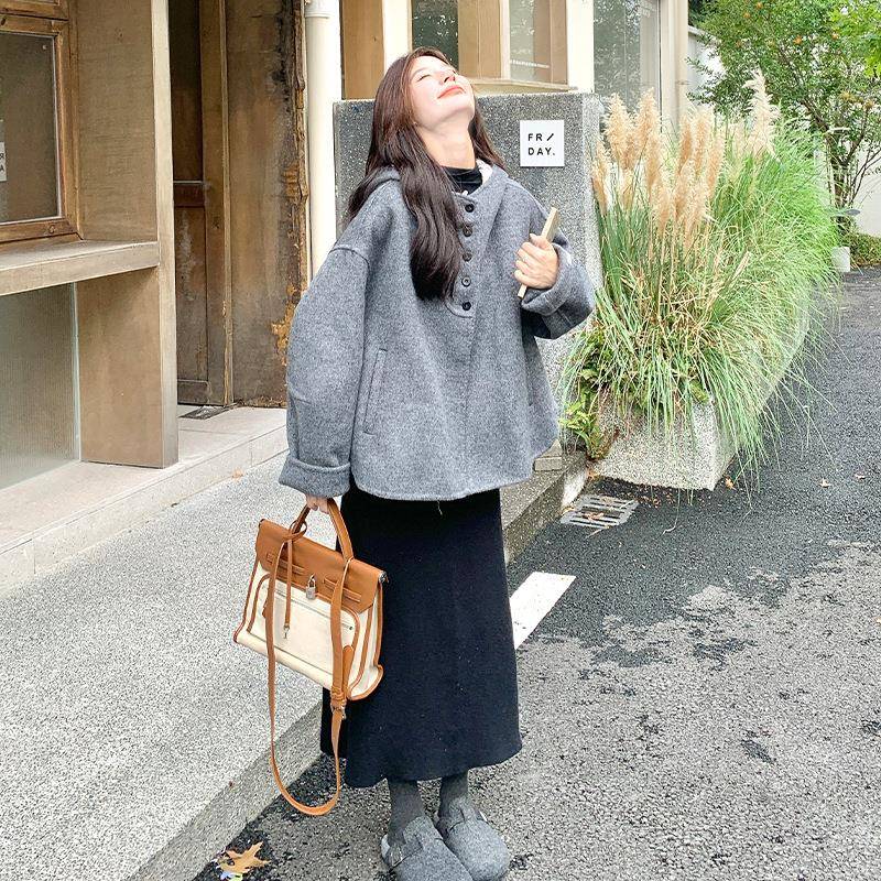 蕾女丝拼羊毛呢外套2025新款小个子D034-688接帽高级感灰色洋连气
