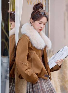 韩系麂皮绒绒服冬季202ZYA86868羽5新款狐狸毛9女0白鸭绒派克外服