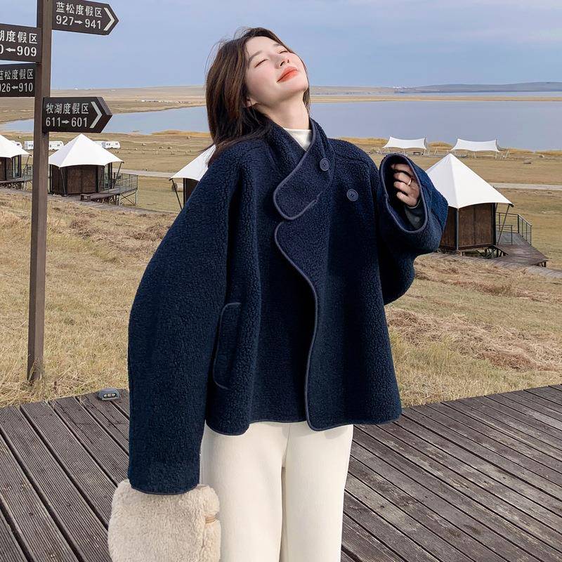 韩系蓝色羊羔秋毛仿皮毛一藏体外套女小冬2025新款个子好c196-811