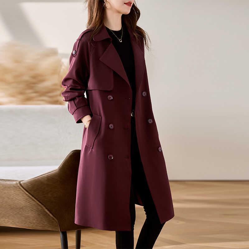 哥拉安红色高端气质风衣外套女中ZMU6897Z长款春秋季02新款收腰修